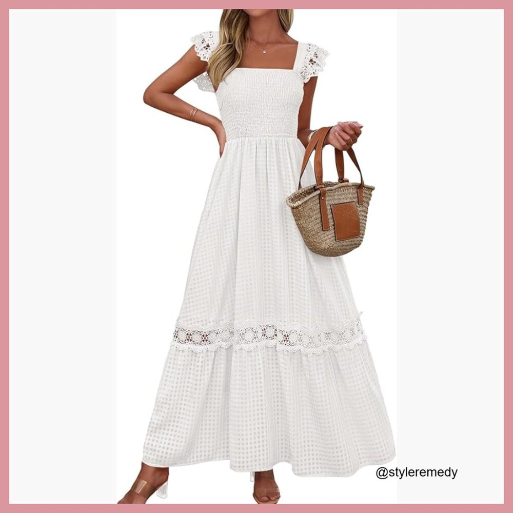 Smocked Maxi Dress with Ruffle Cap Sleeves and Pockets